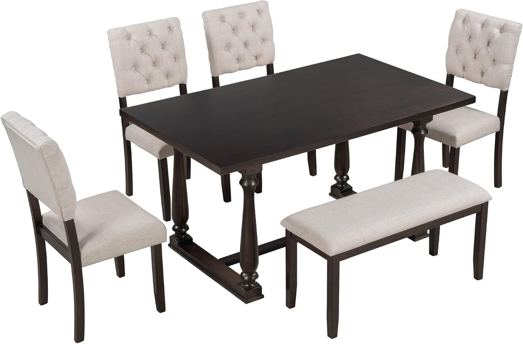 6 Pieces Dining Table Chair Set, Rectangle Dining Table with 4 Upholstered Chairs & a Bench, Wood Kitchen Table Chairs Set for 6 Persons, Modern Style Dining Room Set (Espresso+ Beige)