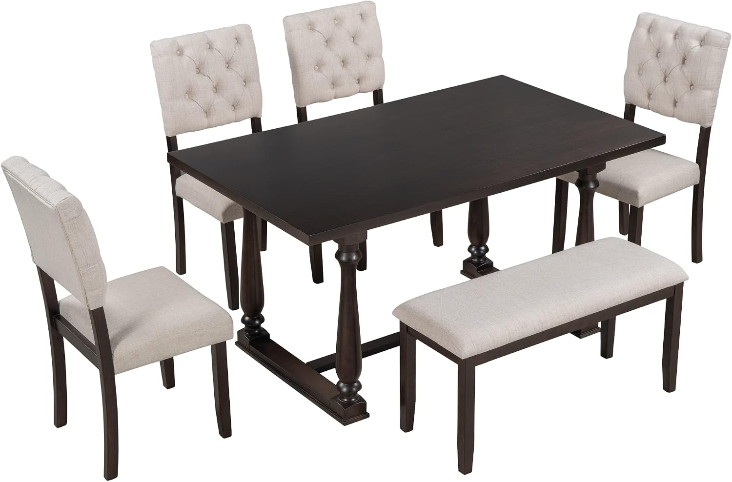 6 Pieces Dining Table Chair Set, Rectangle Dining Table with 4 Upholstered Chairs & a Bench, Wood Kitchen Table Chairs Set for 6 Persons, Modern Style Dining Room Set (Espresso+ Beige)