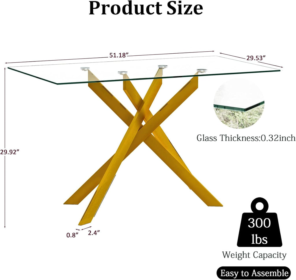 51.2' Glass Dining Table, Modern Kitchen Table for 4-6 People, Contemporary Rectangular Dining Room Dinner Tables with Clear Glass Top & Gold Metal X Legs for Kitchen Apartment