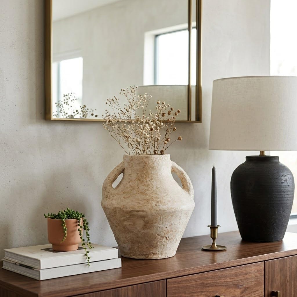 Paper Mache Vase – Flower Holder for Stems and Greenery, Living Room or Bedroom Shelf and Table Styling, Textured Pottery Look Home Decor Accent for Collected Spaces – 14', White Vase