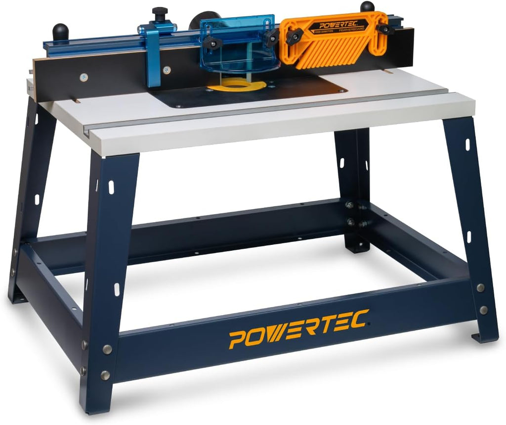 POWERTEC Benchtop Router Table with Steel Stand and Adjustable Fence – 24' x 16' MDF Laminated Top, Insert Plate, 2-1/2' Dust Port, Fence Stop, Featherboard & Additional Accessories (71402)