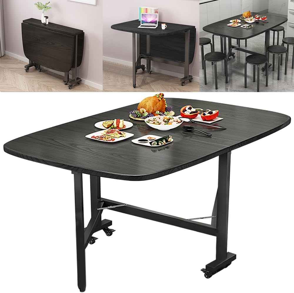 Multifunction Table Drop Leaf Dining Table - 47' Wooden Foldable Kitchen Table with 6 Wheels (Black)