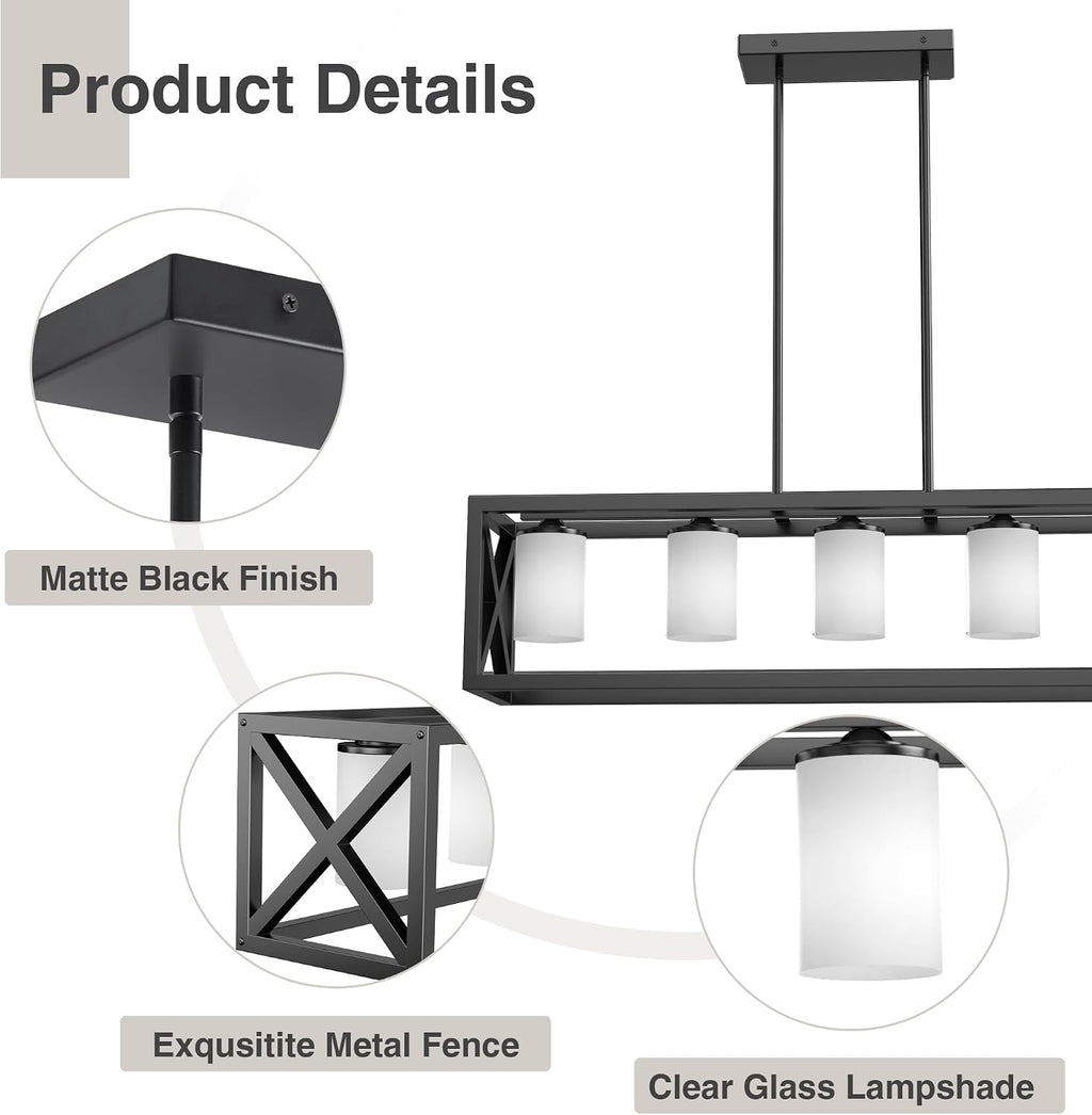 Black White Dining Room Light Fixture - 5 Light Rectangle Light Fixtures with Milk White Glass Shade & Adjustable Height & Thickened Metal Dining Table Lights Fixture Chandeliers for DiningRoom