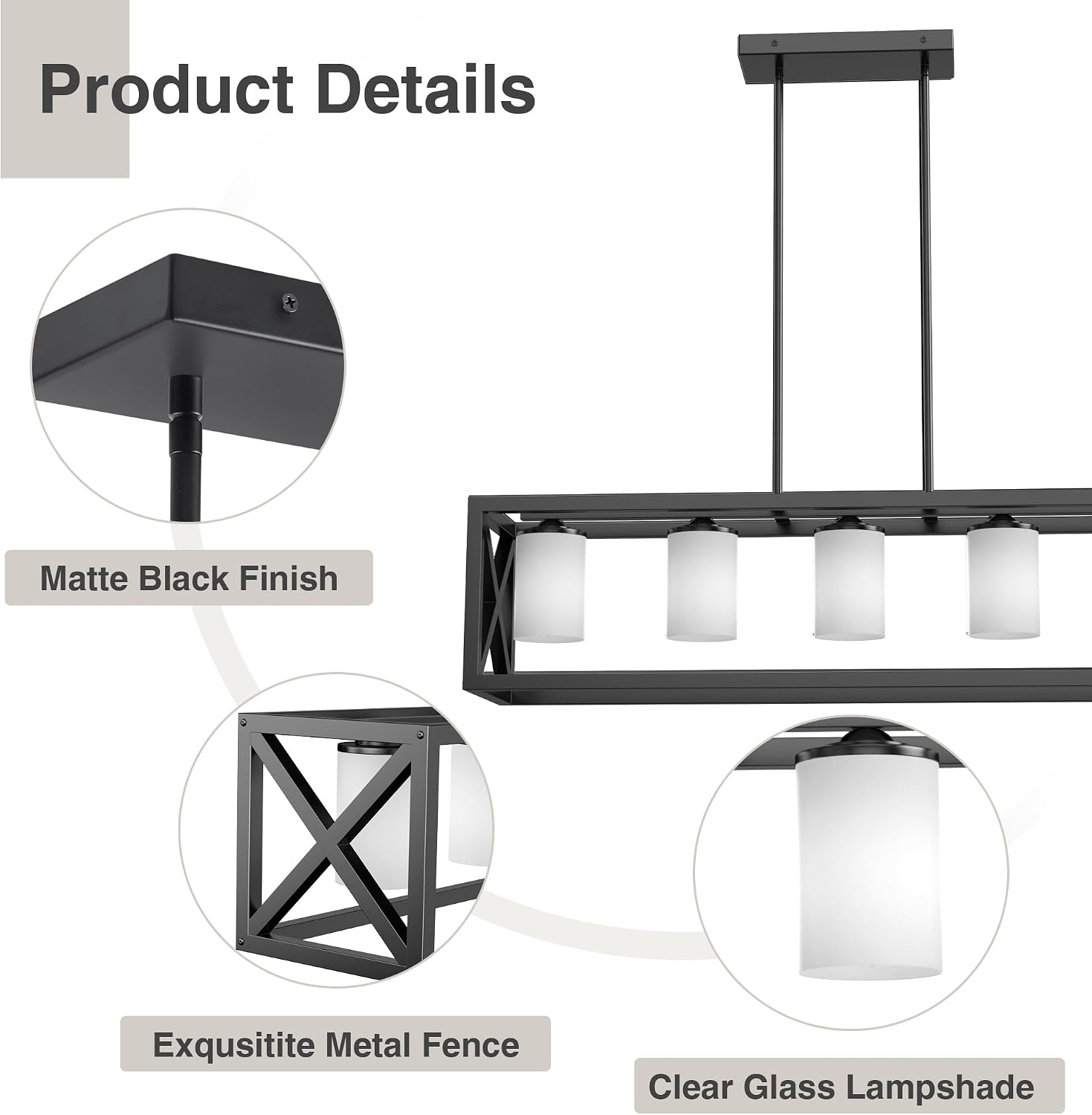 Black White Dining Room Light Fixture - 5 Light Rectangle Light Fixtures with Milk White Glass Shade & Adjustable Height & Thickened Metal Dining Table Lights Fixture Chandeliers for DiningRoom