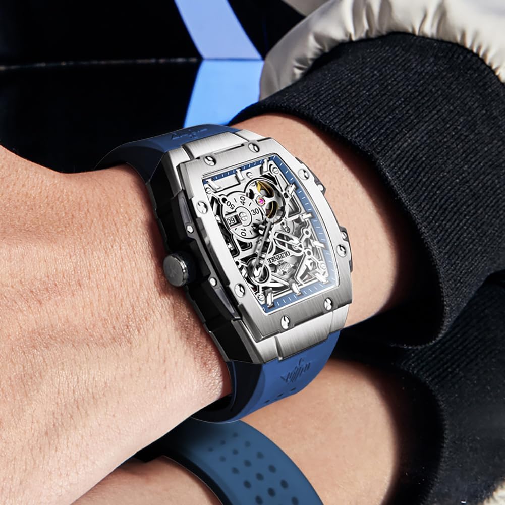 OLEVS Men Watches Business Dress Chronograph Big Square Quartz Analog Male Watch Silicone Strap Waterproof Date Gift Mens Wrsit Watch Silver