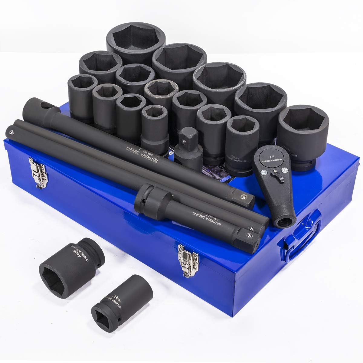 Stark USA 21-Pieces Metric Jumbo Assortment Impact Socket Set 1-inch DR Deep MM Drive Extension Bar with 27mm to 80mm Case