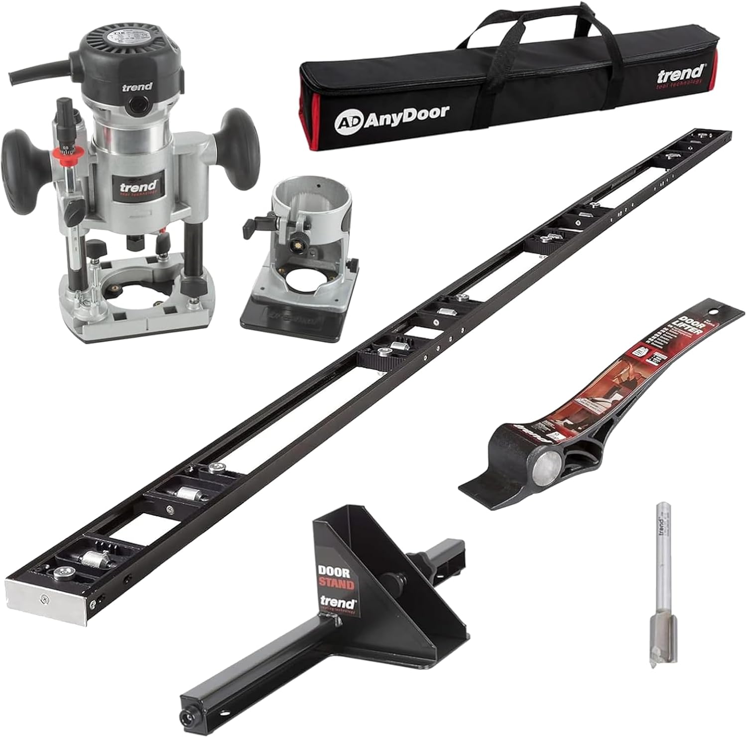 Trend Ultimate Door Installation Kit with 9ft AnyDoor Hinge Jig, T1 Plunge and Trim 1/4 Inch Router, Foot Operated Door Lifter, Door Stand and Router Bit Set, H/JIG/D/B2