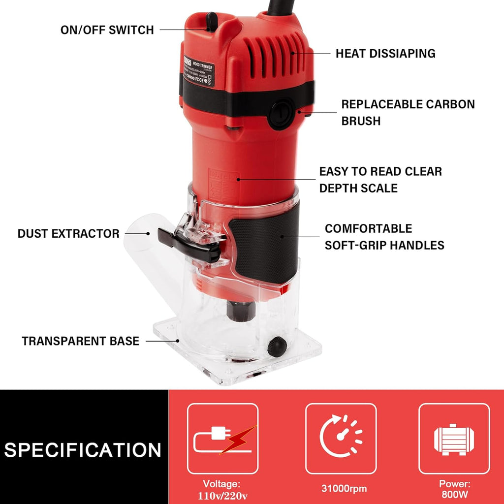 Wood Router,800W Compact Palm Router Tool, 31000RPM Wood Trimmer With 15PCS 1/4' Router Bits, Electric Corded Woodworking Router For Slotting & Trimming