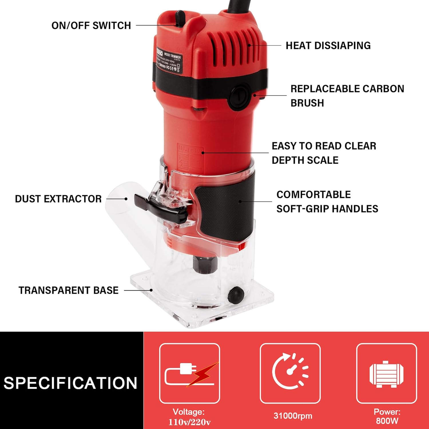 Wood Router,800W Compact Palm Router Tool, 31000RPM Wood Trimmer With 15PCS 1/4' Router Bits, Electric Corded Woodworking Router For Slotting & Trimming