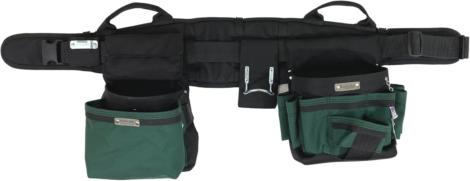 BOULDER BAG Ultimate Electrician's MAX Combo with Comfort Back Support Tool Belt, Quick Release Buckle, Heavy Duty Work Belt, Green (Extra-Large 37-42 Inch Waist), Tool Belt Made in USA