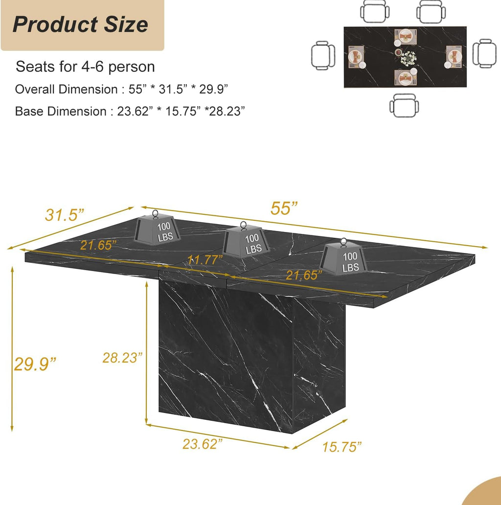 HSH 55 inch Dining Room Table for 4, Modern Black Faux Marble Dining Table, Rectangle Kitchen Table with Heavy Duty Pedestal, Industrial Wood Dinner Desk for Home Living Room, Black Marble, 55 Inch
