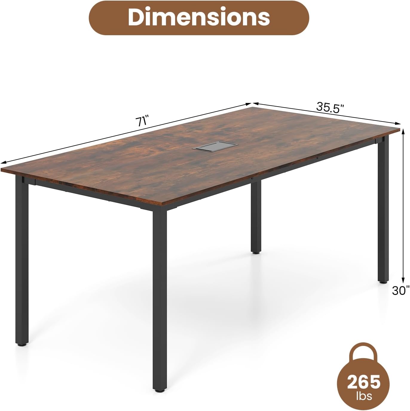Giantex 6 FT Conference Table for 8-10 People, Modern 71' L x 35.5' W Large Meeting Table with Metal Frames, Rectangle Conference Room Table with Cable Grommet for Office, Boardroom, Rustic Brown
