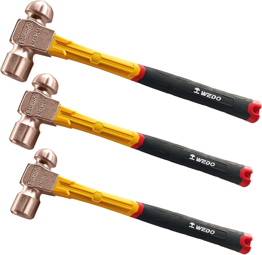 WEDO 3PCS Ball Peen Hammer Set,Ball Pein Hammer with Fiberglass Handle,8oz+12oz+16oz,Industrial-grade Metalworking Tools,Beryllium Copper,Non-magnetic,Die-Forged,Corrosion Resistant,DIN Standard