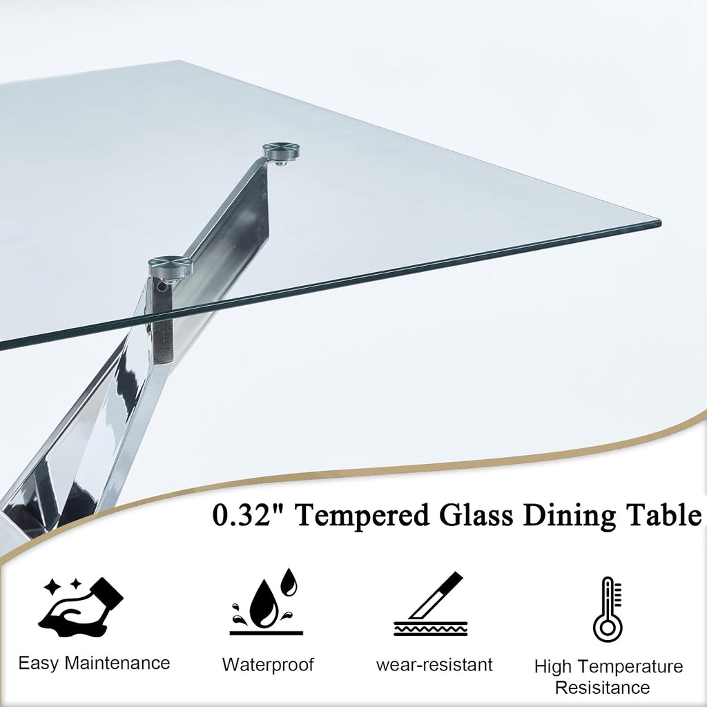 36' Square Dining Table for 4, Modern Clear Glass Kitchen Table for 4 with Silver X Metal Legs, Contemporary Small Glass Dining Room Leisure Tables for Kitchen Apartment