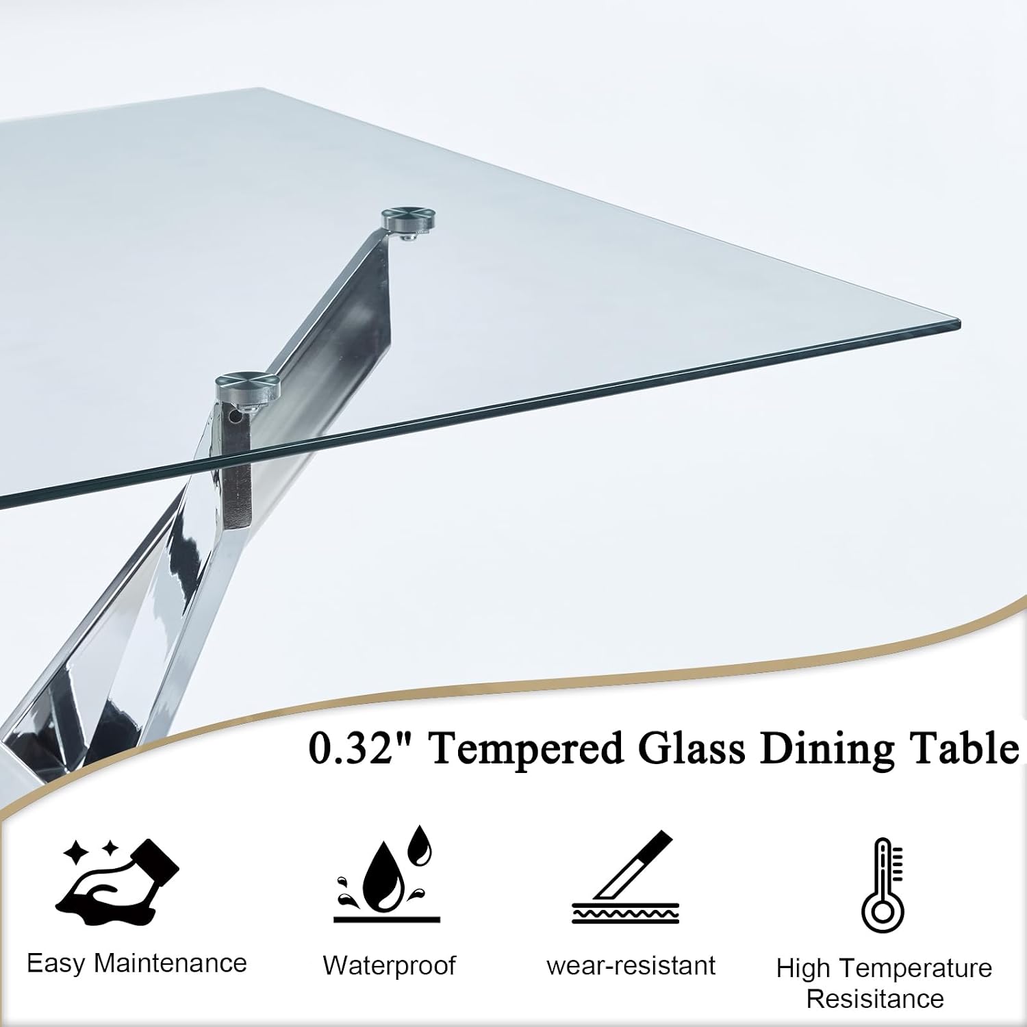 36' Square Dining Table for 4, Modern Clear Glass Kitchen Table for 4 with Silver X Metal Legs, Contemporary Small Glass Dining Room Leisure Tables for Kitchen Apartment