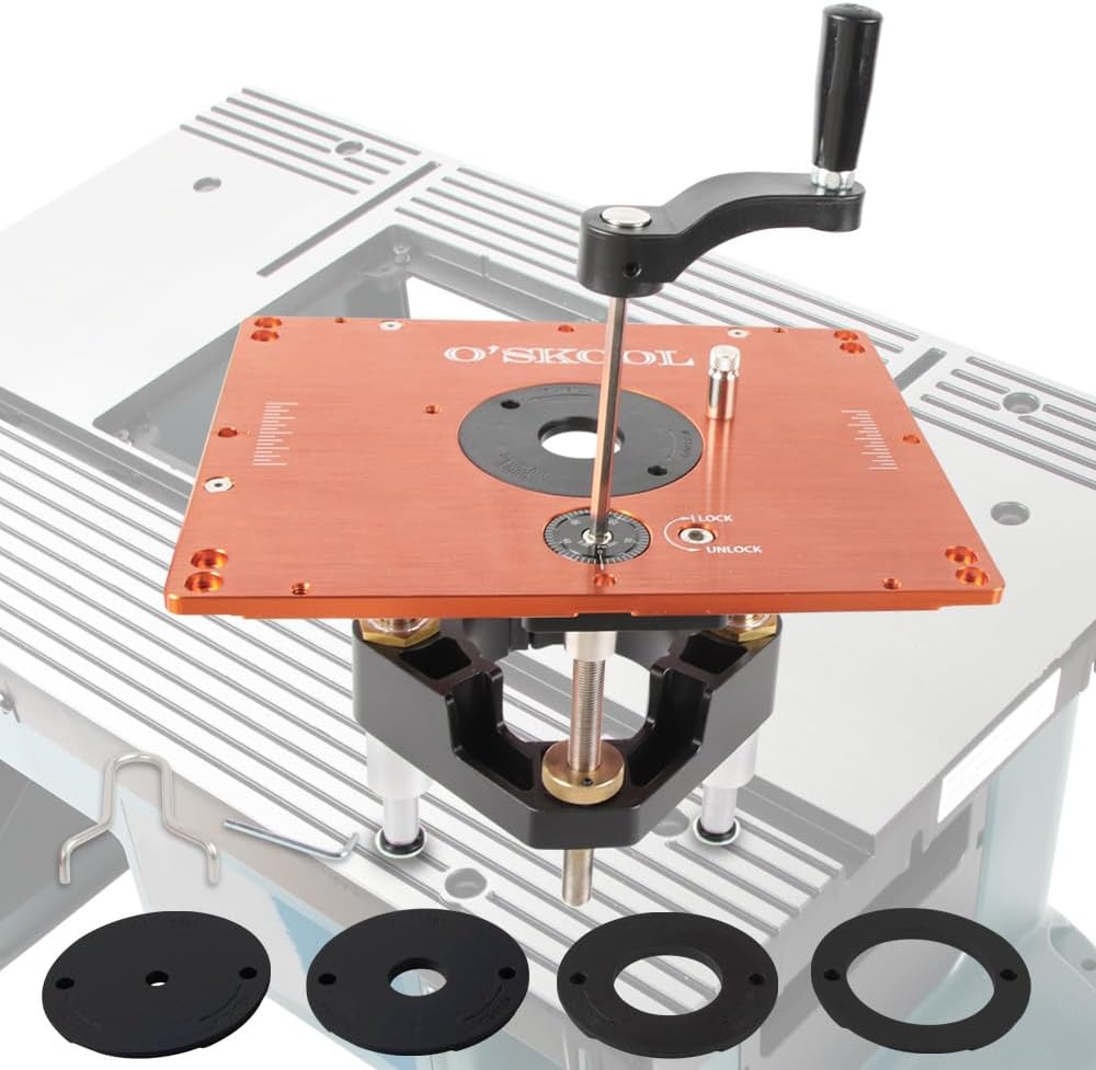O'SKOOL 3-1/2' Router Lift Systems for BOSCH RA1181 & RA1171 Router Tables,11-1/2' x 9-1/8' Plate 5-Piece Insert Ring Kit, RTS017