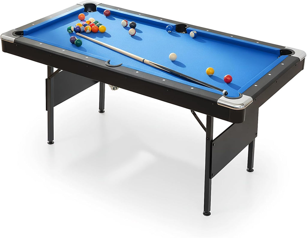 6 ft Foldable Pool Table with Steel Frame, Stable Billiard Tables with Safety Anti Collapse Locks, Heavy Duty Billiard Game Includes Full Set of Balls, 2 Cue Sticks, Chalk and Felt Brush