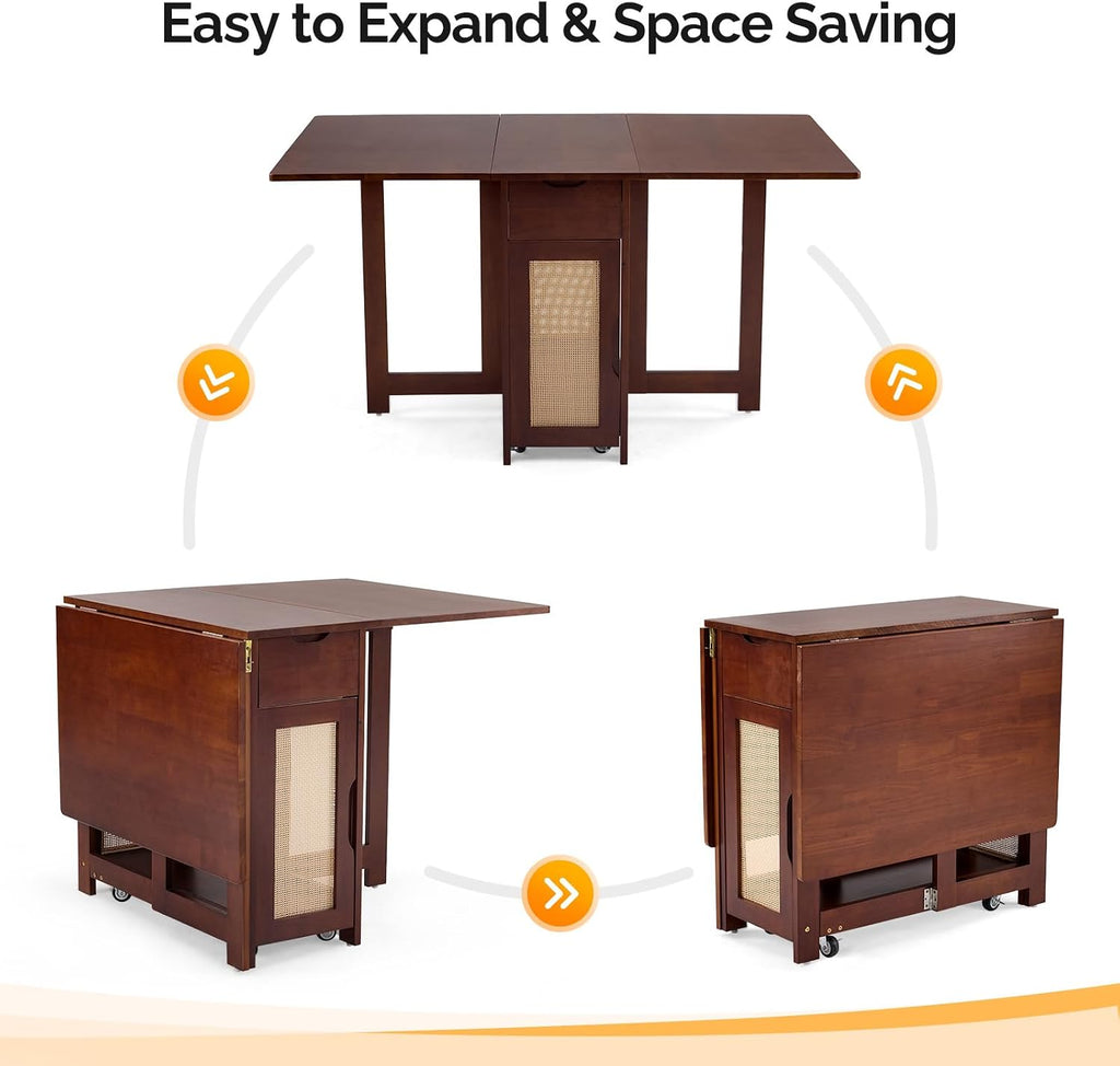 VINGLI Folding Dining Table Set Extendable Drop Leaf Solid Wood Foldable Table 5 Piece with 4 Chairs 2 Drawers and Wheels for Kitchen Space Saving,Walnut