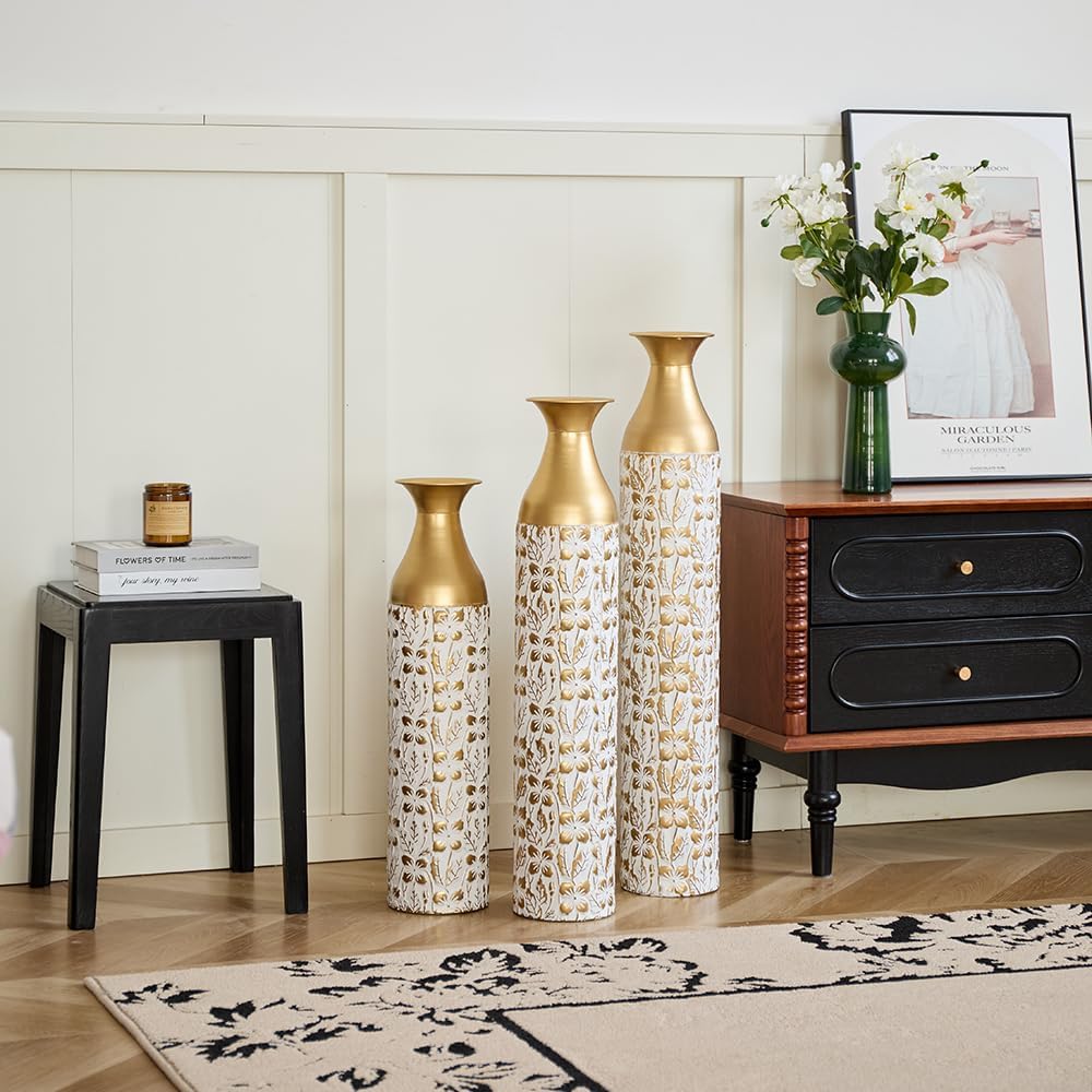 Floor Metal Decorated Vases Set of 3 for Gorgeous Home Decoration Large Glazed Metal Vases (Matt White+Gold)