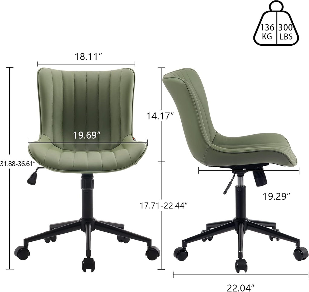 YOUNIKE Olive Green Office Desk Chair with Wheels Armless Compact Comfy Vanity Chair with Adjustable Back Modern Small Faux Leather Upholstered Swivel Cute Rolling Computer Task Chair No Arms