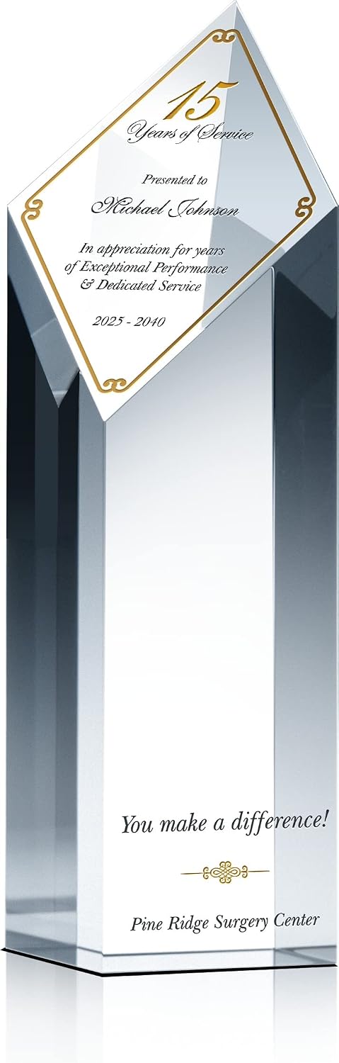 Personalized Crystal Diamond Length of Service Award Plaque for Man or Woman, Customized with Employee & Company Name, Years of Service, Unique Corporate Service Recognition Award Trophy (L - 9')
