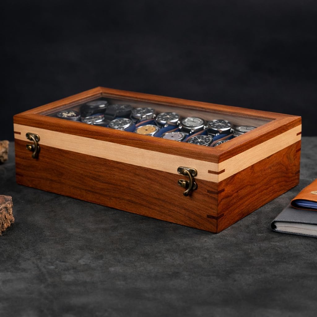 Royal Craft Expertise Wooden Watch boxes,Wooden Watch Box Case Organizer for Men, Watch Display Case，All Solid Wood12 Slots, Watch Box For 12 Watches, Key Model, Original Indian Long Lasting Wood