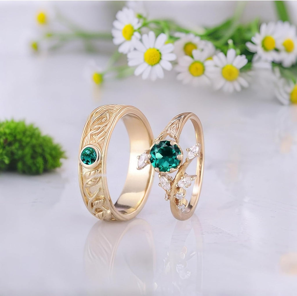 SISGEM Moissanite Couple Rings Set, 10K 14K 18K Solid Gold Moissanite Wedding Rings for Him And Her, Vintage Leaf/Branch Wedding Bands Matching Couple Rings Anniversary Jewelry Gift for Women And Men