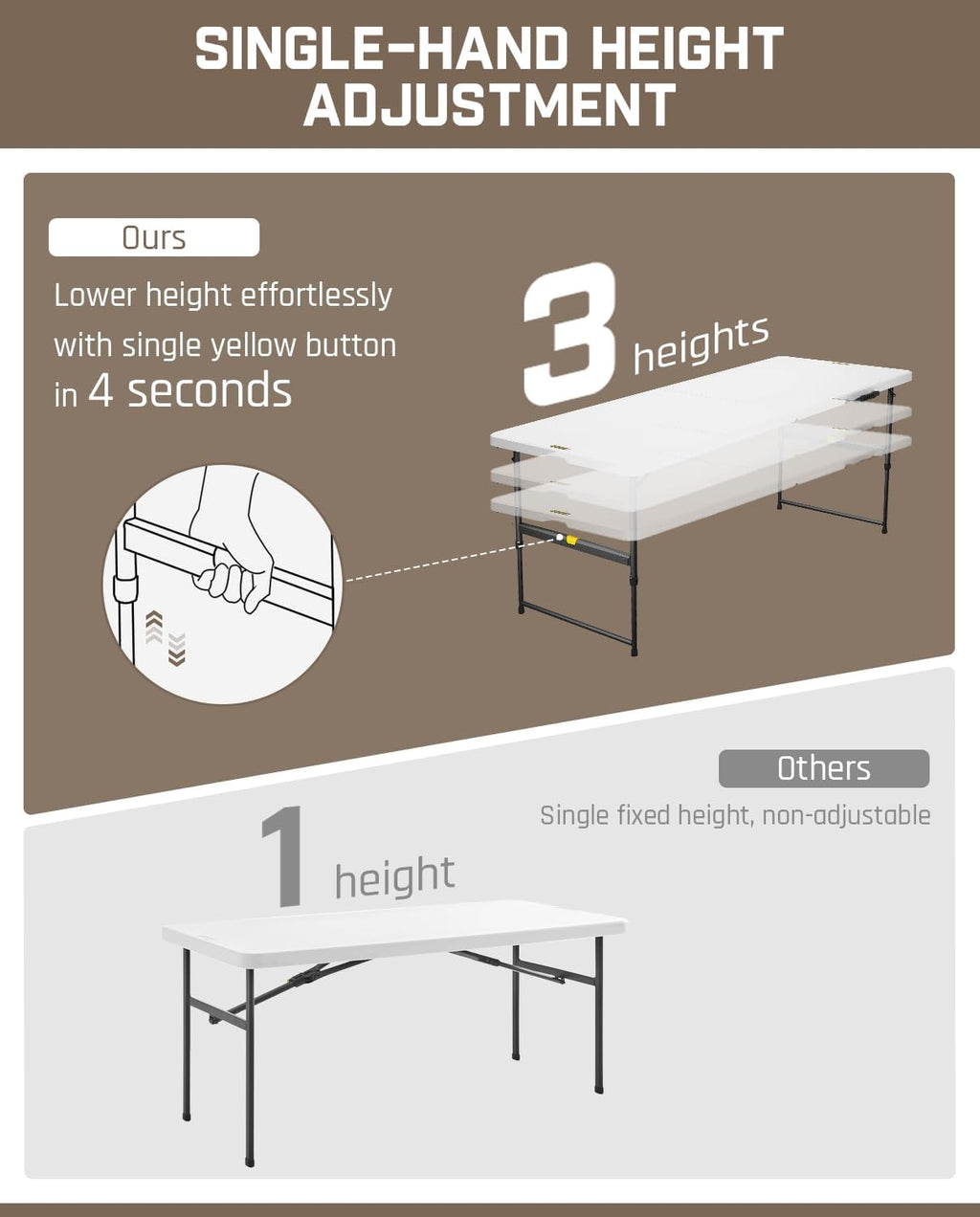 FanttikOutdoor 6ft Folding Table, 3 Heights, One-Handed Height Adjustment, Gravity Lock, Carry Handle, Indoor Outdoor Heavy Duty Fold-in-Half Portable Utility Table, Party, Granite White Zeta X6 Pro