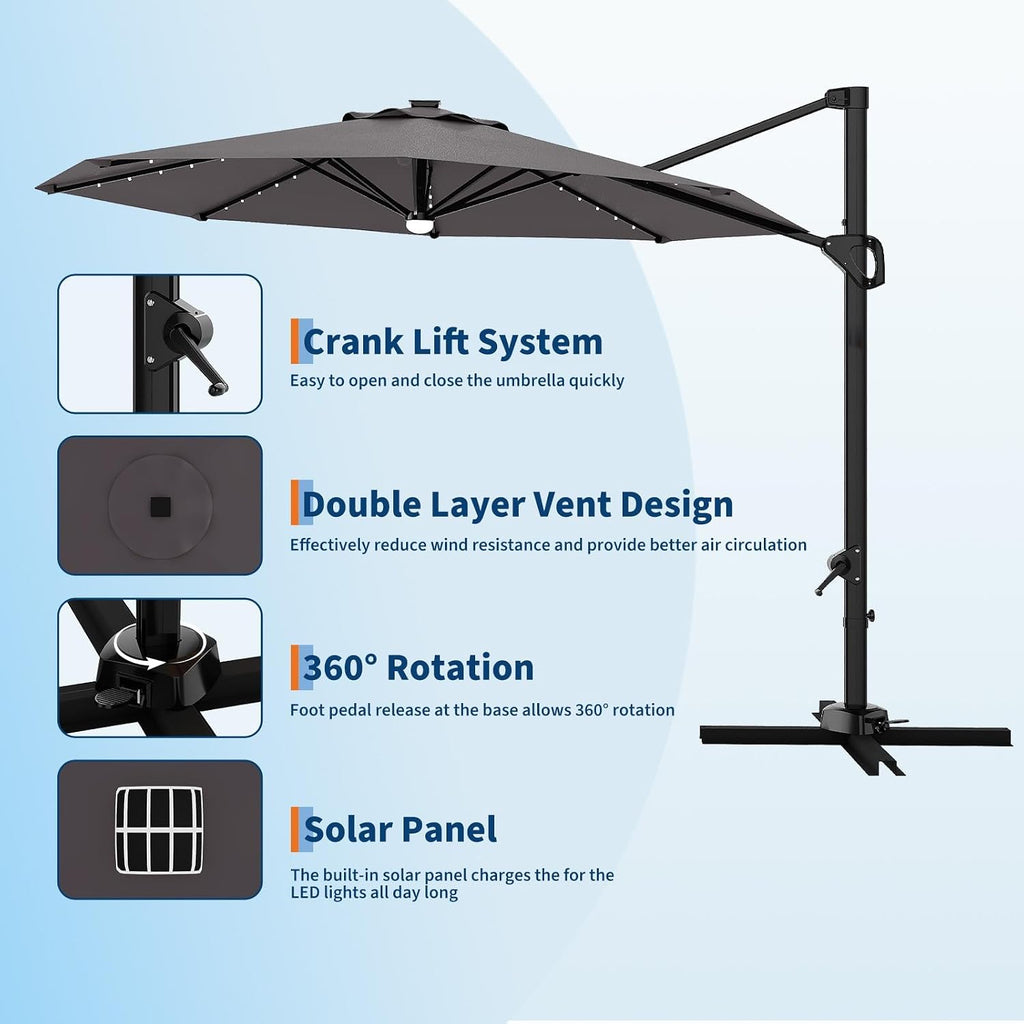 Garvee 10 ft Cantilever Patio Umbrella with Solar Lights, 360° Rotation Offset Umbrella, Easy Crank & Tilt Adjustment, UV Protection for Backyard, Poolside, Deck -Gray