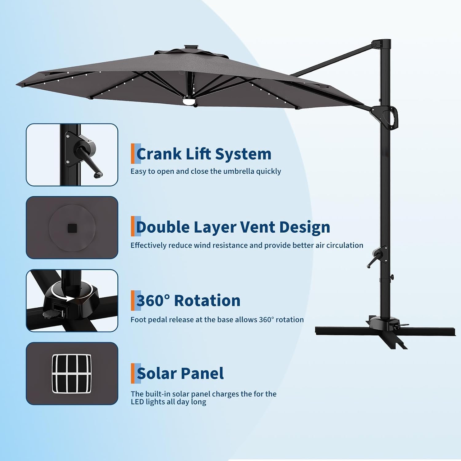 Garvee 10 ft Cantilever Patio Umbrella with Solar Lights, 360° Rotation Offset Umbrella, Easy Crank & Tilt Adjustment, UV Protection for Backyard, Poolside, Deck -Gray