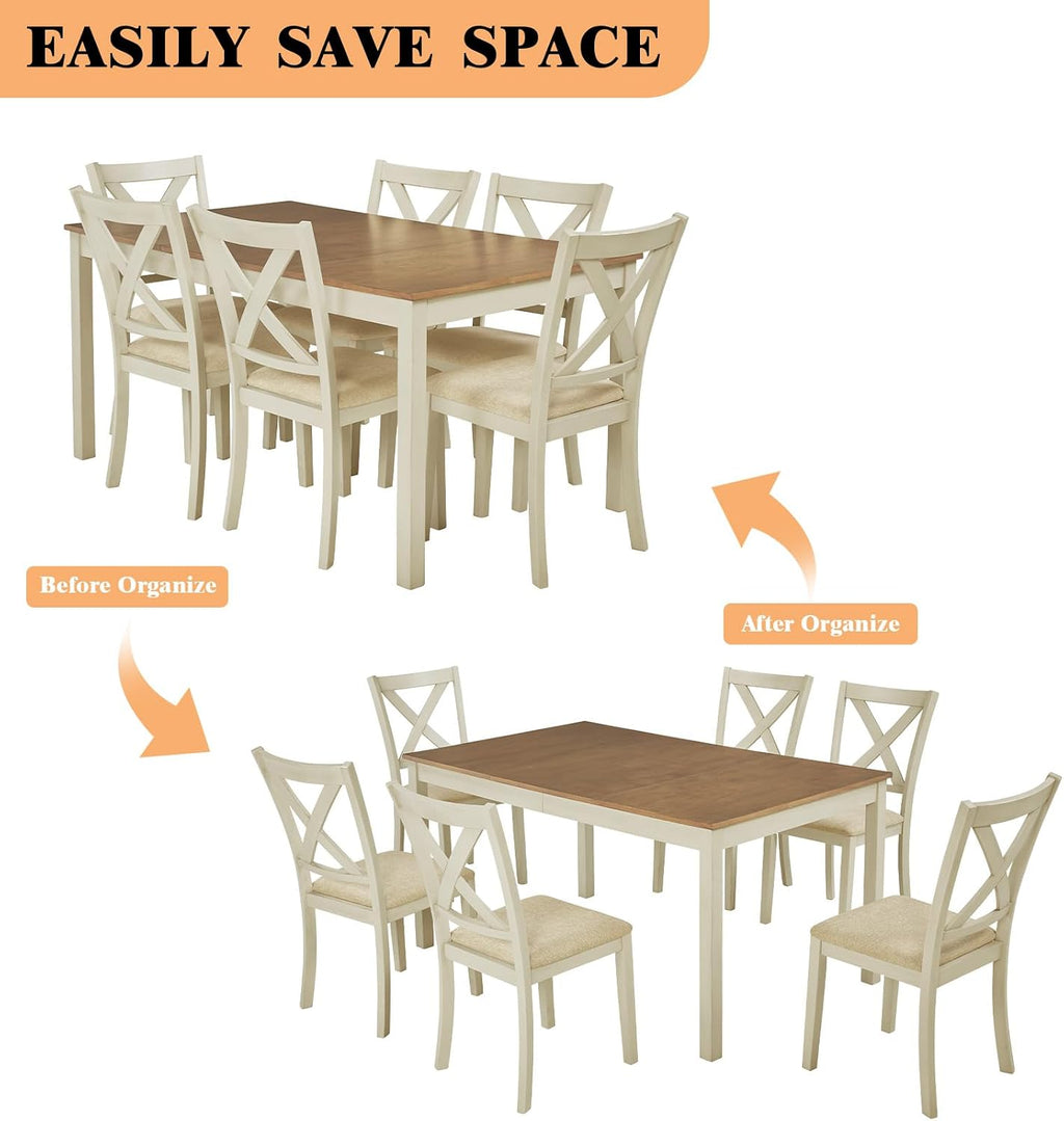 LUXOAK 7-Piece Solid Wood Dining Table Set, 60' Farmhouse Dining Table with 6 Chairs, Rectangular Table Set for 6, Kitchen & Dining Room Furniture, Distressed Cream