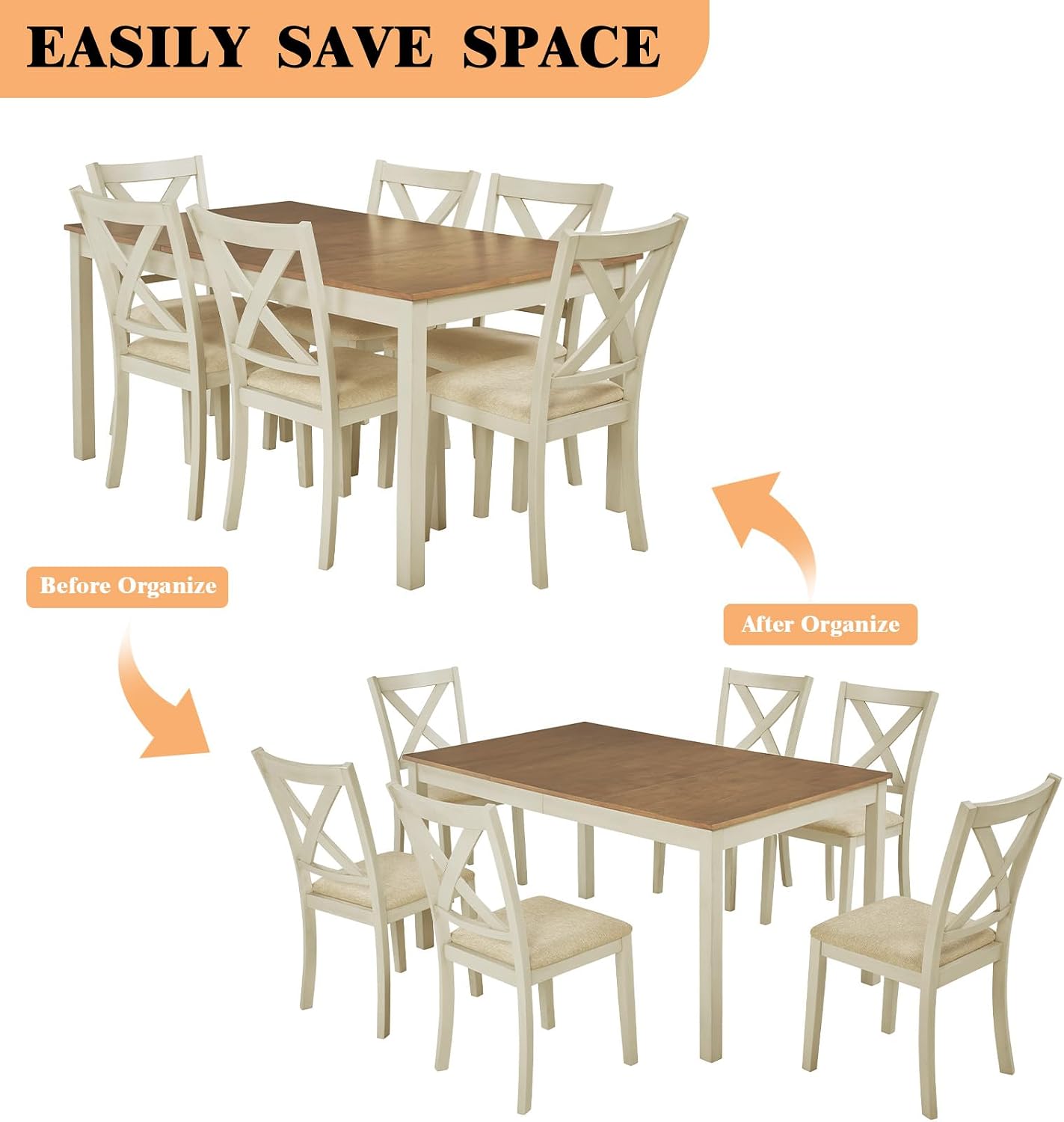 LUXOAK 7-Piece Solid Wood Dining Table Set, 60' Farmhouse Dining Table with 6 Chairs, Rectangular Table Set for 6, Kitchen & Dining Room Furniture, Distressed Cream