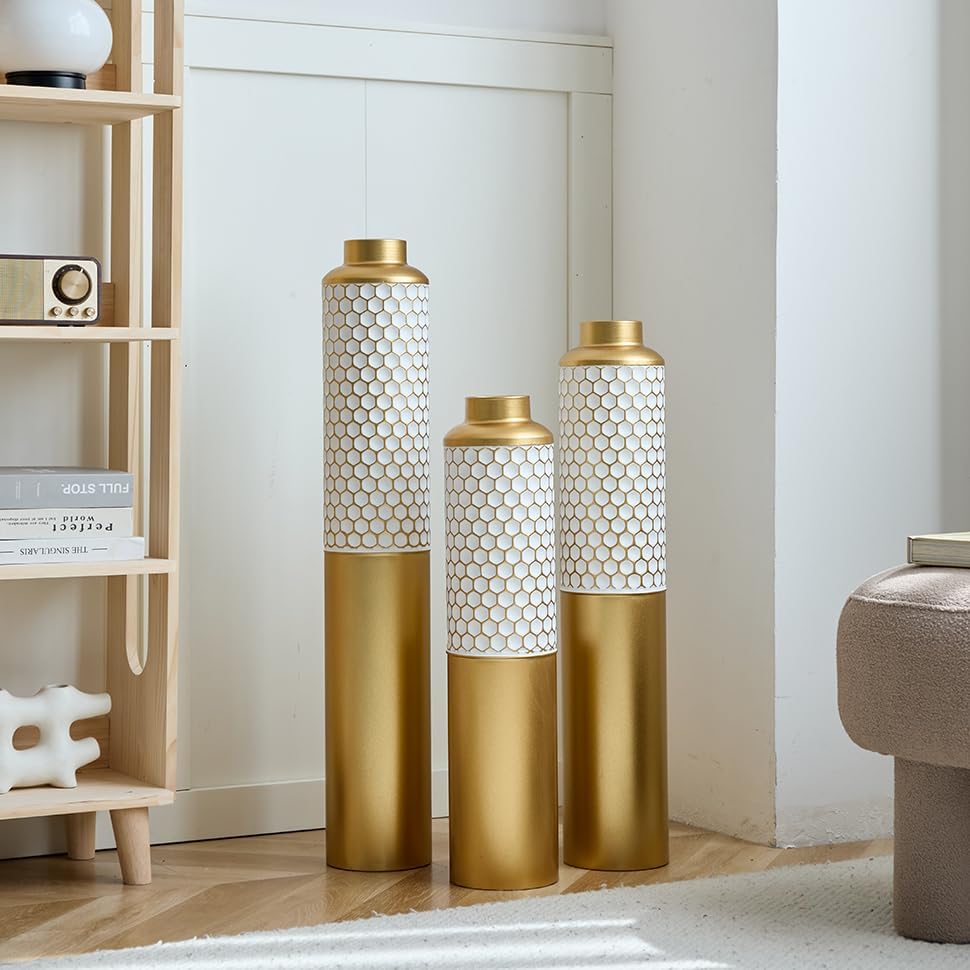 Floor Metal Decorated Vases Set of 3 for Gorgeous Home Decoration Large Glazed Metal Vases (Gold+White)
