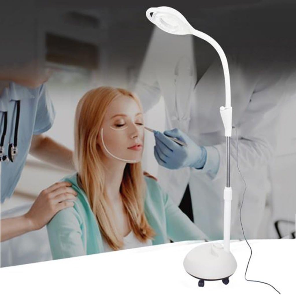 Floor Lamp 8X Magnifying Lamp Adjustable Swivel Arm Magnifier Lamp Light for Skinbeauty Manicure Tattoo Salon Spa with Rolling Floor Stand Standing Light/C (White)