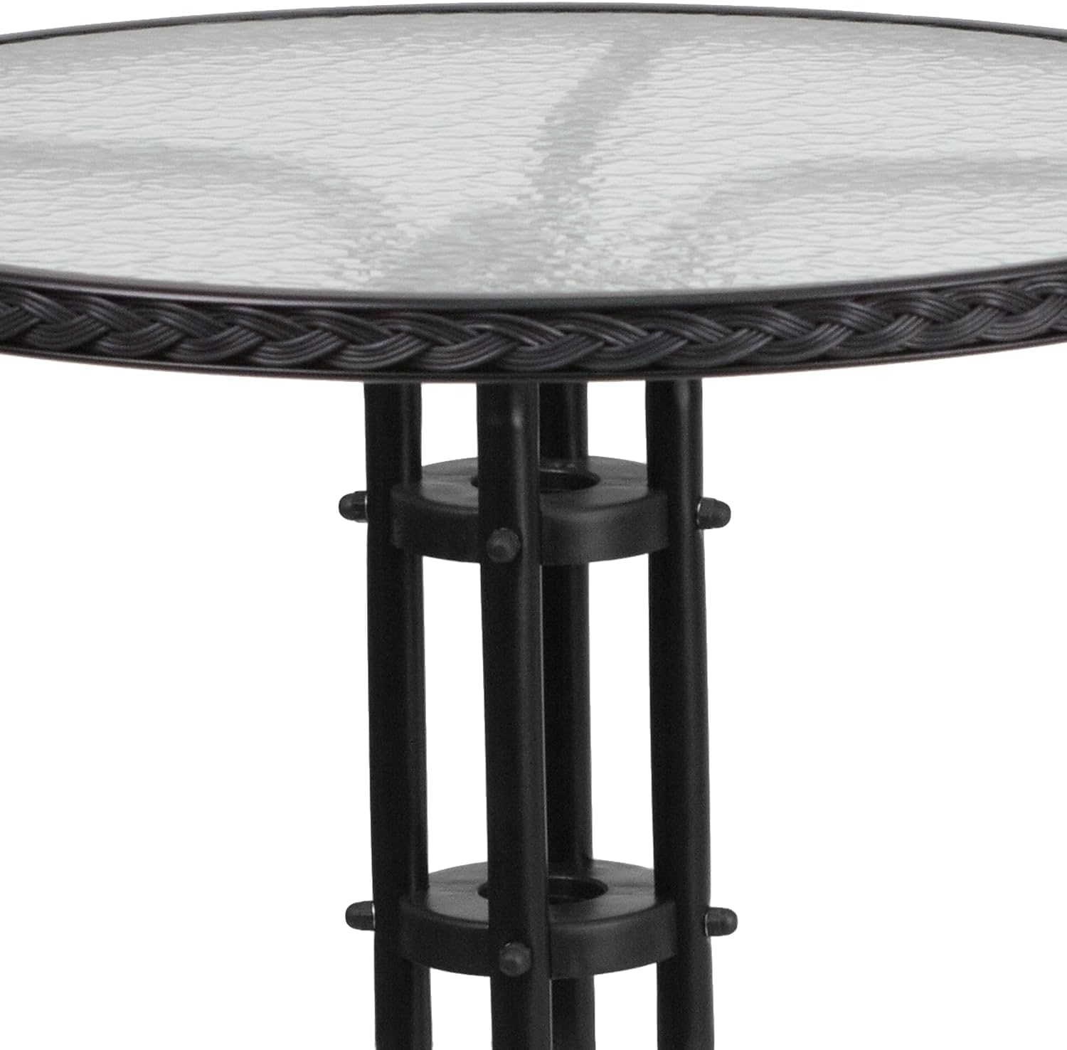 Flash Furniture Lila 28'' Round Glass Metal Table with Black Rattan Edging and 2 Black Rattan Stack Chairs