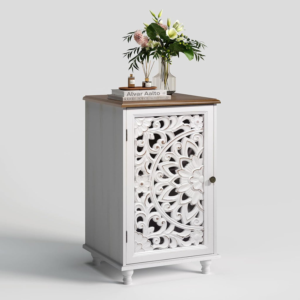 JOINICE Small Accent Cabinet with Carved Mandala Door, Boho Distressed End Table for Living Room, Bedroom, Entryway, White