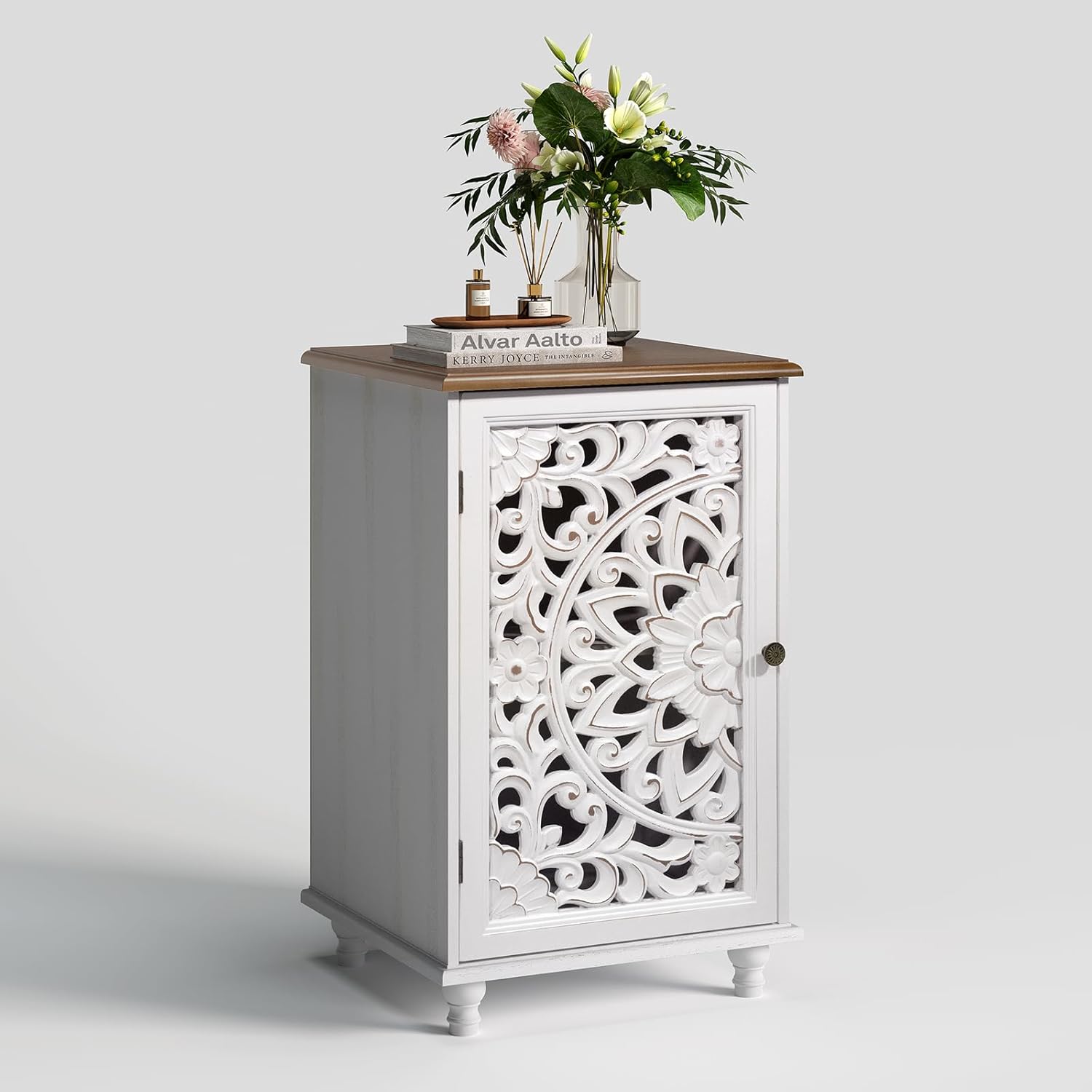 JOINICE Small Accent Cabinet with Carved Mandala Door, Boho Distressed End Table for Living Room, Bedroom, Entryway, White