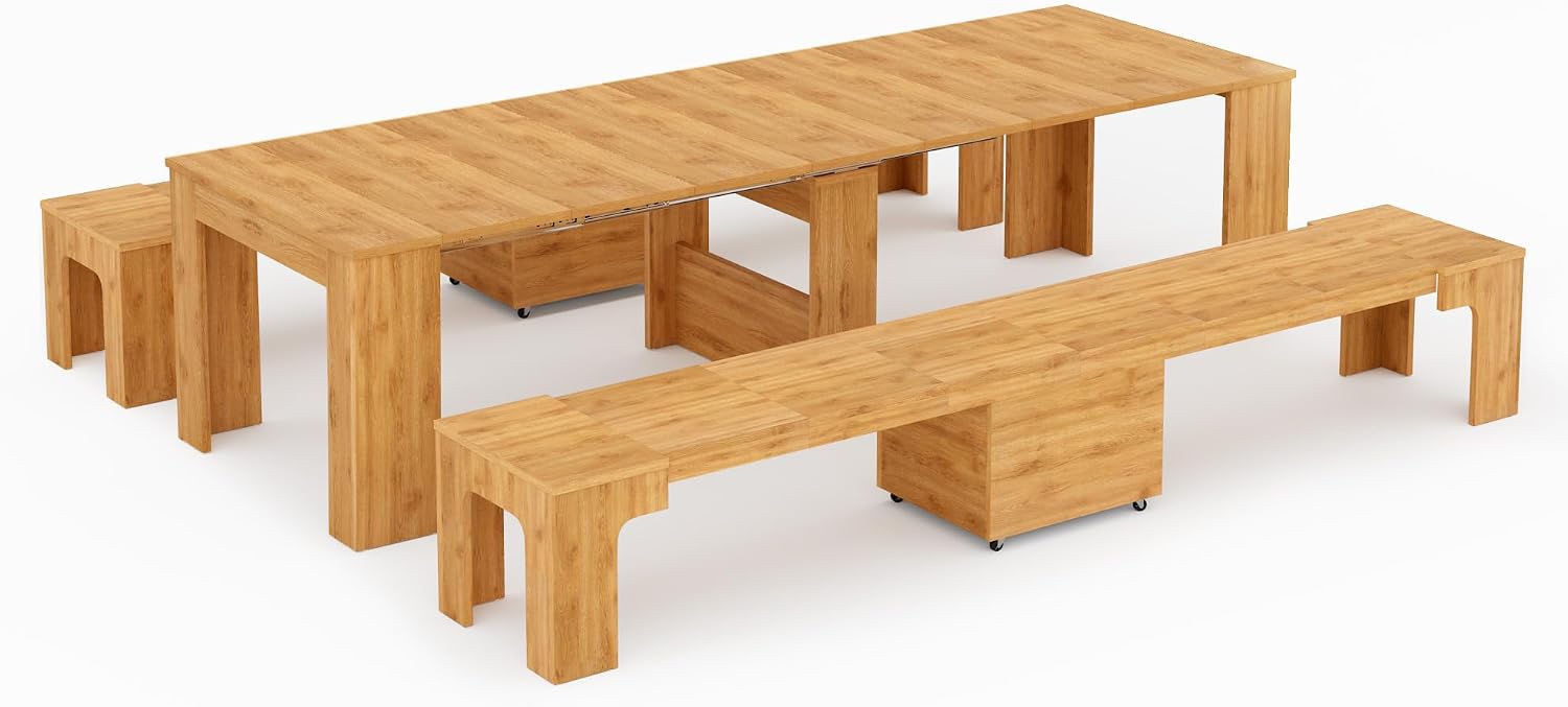 HIPIHOM 17.7'-118' Extendable Dining Table with 2 Benches, Extension Table Set with Extension Leaves Holder, Space-Saving Extra Long Dining Table Set for Meeting, Dining Room(Oak Table+2 Benches)
