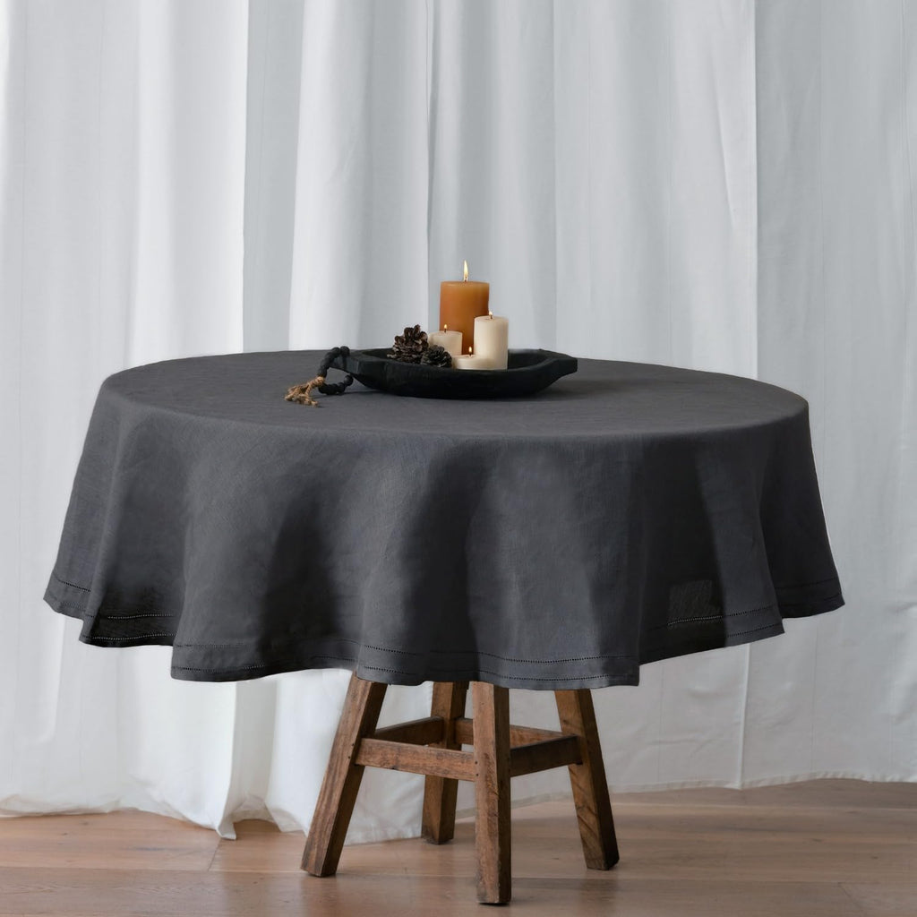 BLUE FLOWER CO Premium 100% Pure Linen Tablecloth 70' Round, Double Hemstitched Table Cover for Dinner, Parties, Eco-Friendly Reusable, Fall & Winter Table Décor - Charcoal