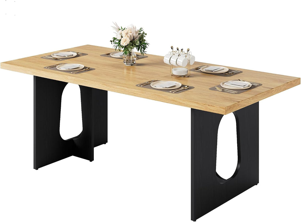 71' Long Dining Table for 6-10 People - Farmhouse Kitchen Table with Extra Thick Tabletop & Heavy-Duty Metal Legs, Sturdy Rectangular Table for Dining Room, Conference Room, Office, Natural + Black