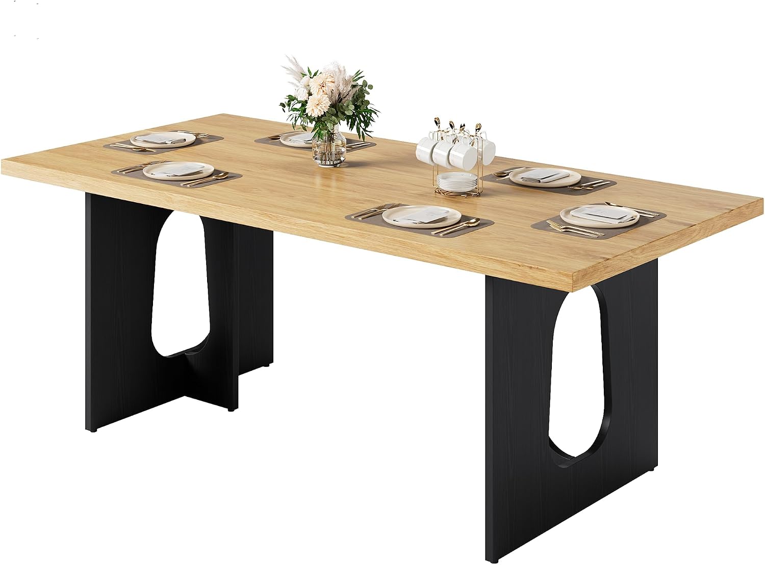 71' Long Dining Table for 6-10 People - Farmhouse Kitchen Table with Extra Thick Tabletop & Heavy-Duty Metal Legs, Sturdy Rectangular Table for Dining Room, Conference Room, Office, Natural + Black