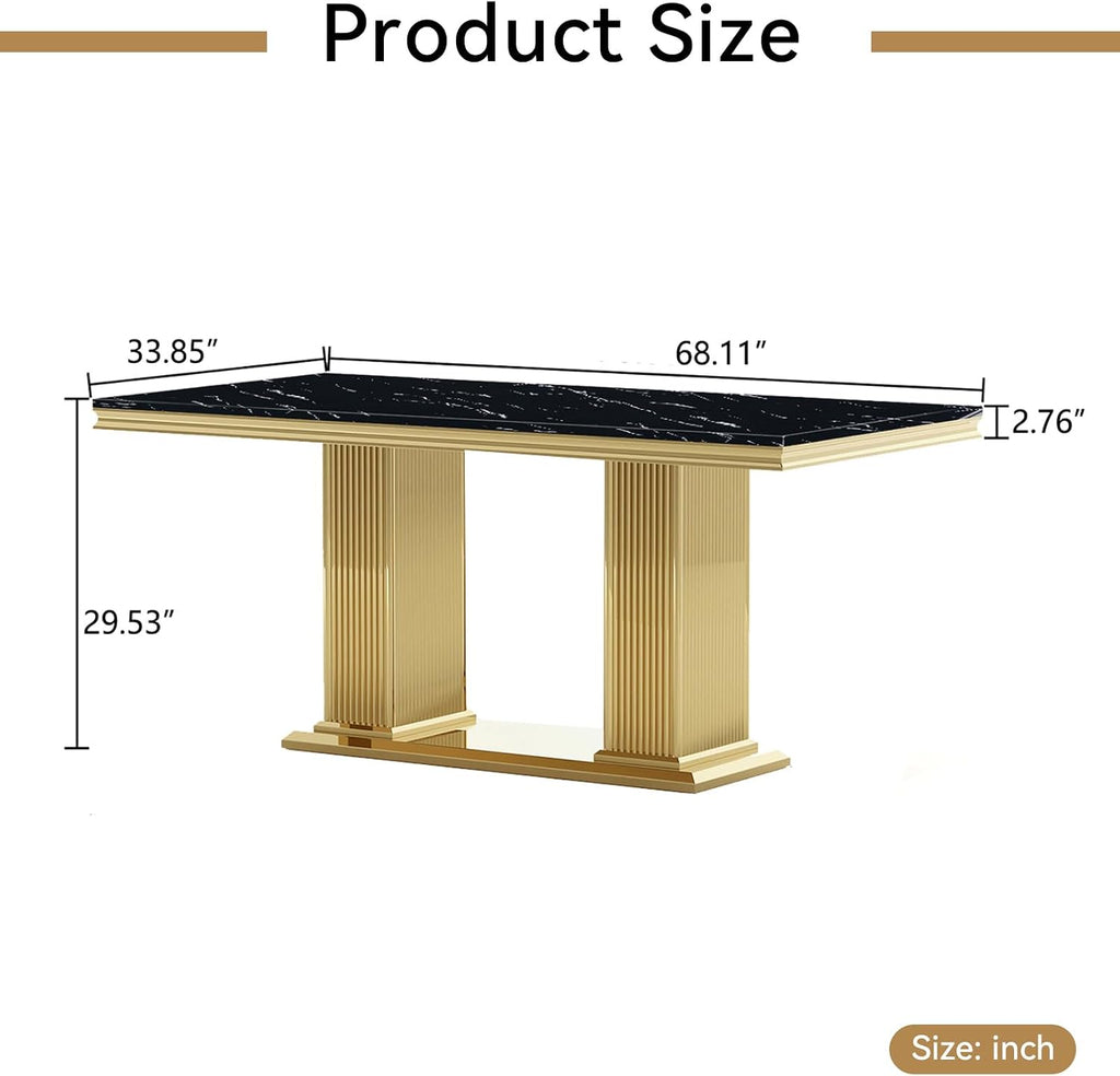 68' Black Marble Dining Table for 6 to 8, Luxury Large Rectangular Faux Marble Tabletop & Gold Double Pedestal Base, Mid Century Modern Kitchen Dining Room Table for Dinner Family Gathering