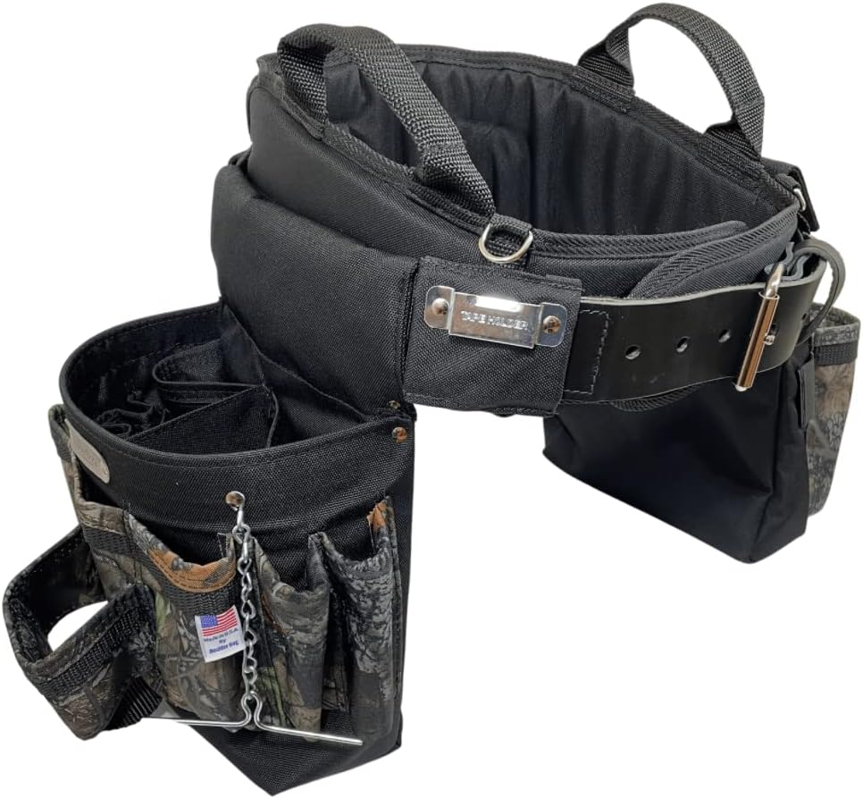 BOULDER BAG Ultimate Electrician's MAX Combo with Comfort Back Support Tool Belt, Leather Belt Buckle, Heavy Duty Tool Belt, Camo - Backwoods, (Medium 28-32 Inch Waist), Made in USA