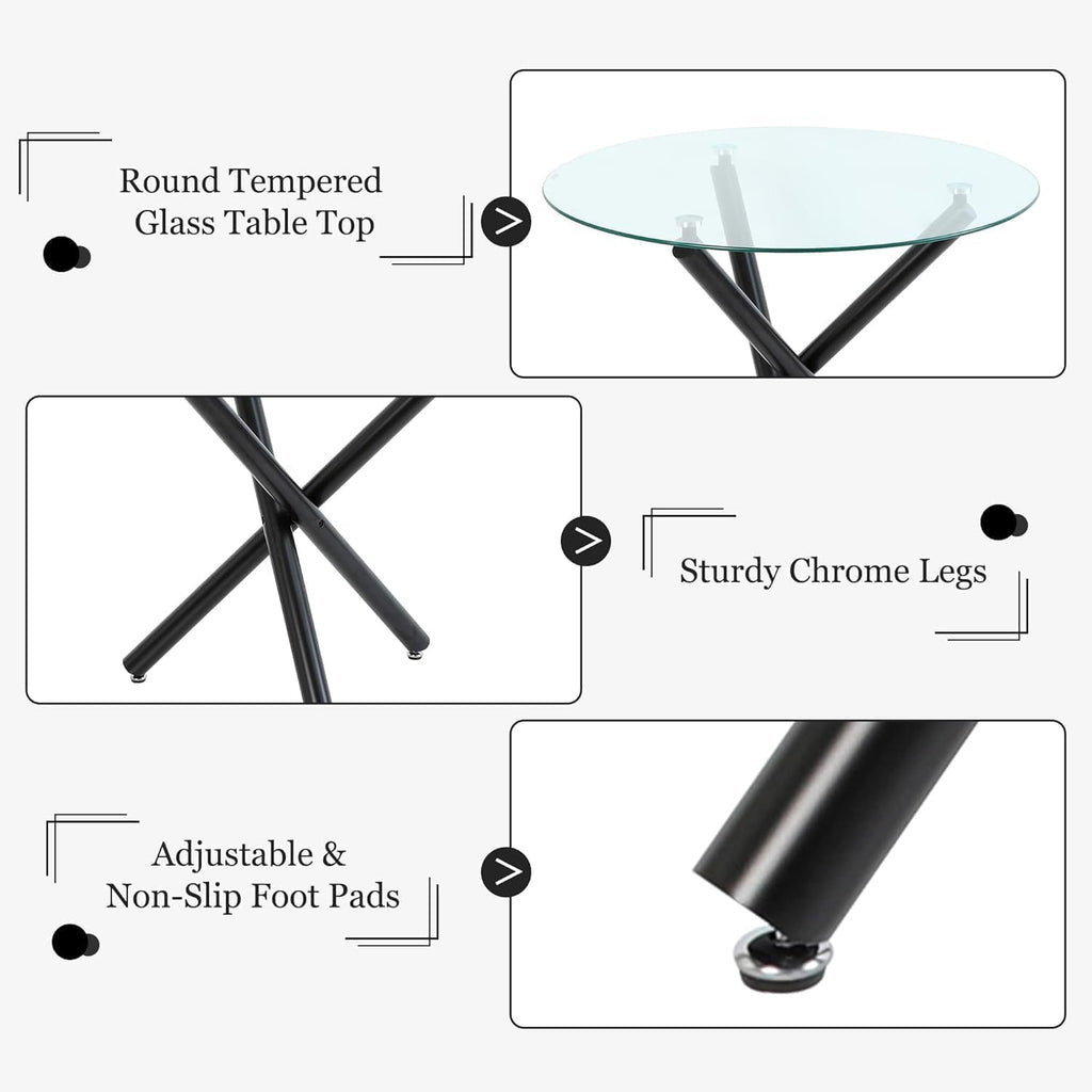 Modern Luxury Round Glass Dining Set for 4, 5 Pcs Small Minimalist Circle Kitchen Table Set, 36'' Clear Circular Glass Top Dinner Room Set, Green High-end Tufted Chairs, for Apartment (Black)