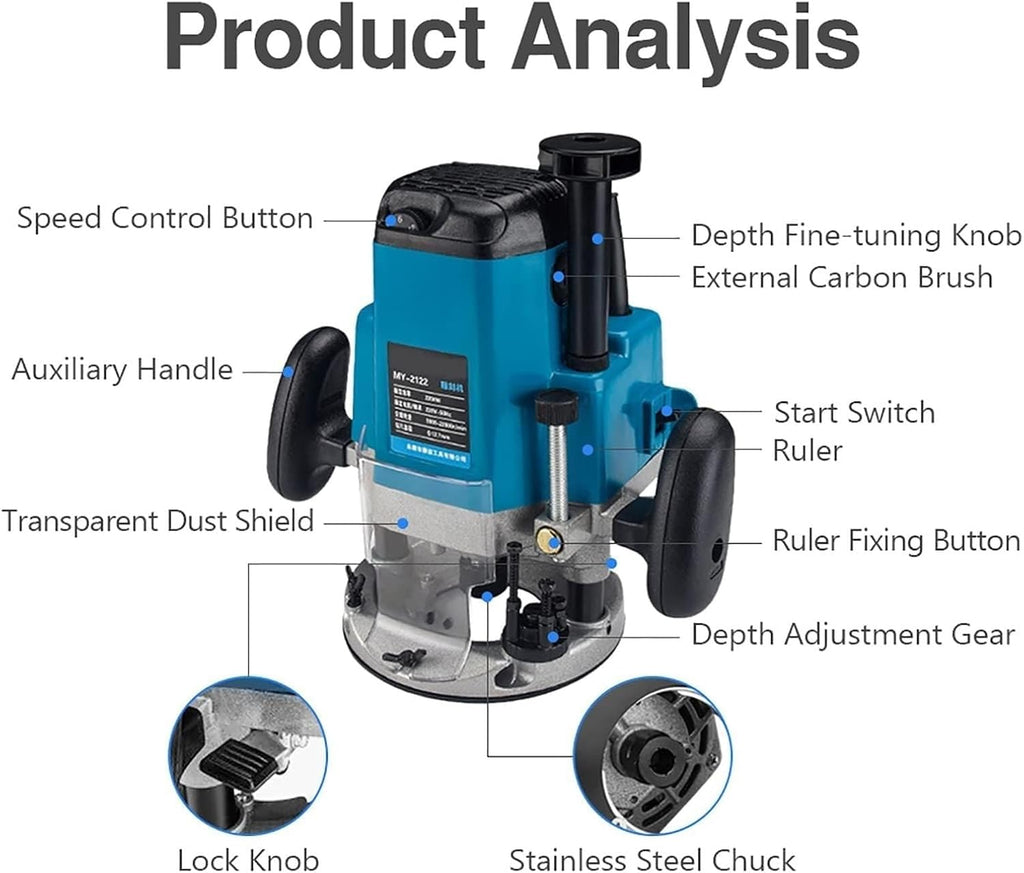 2200W Cordless Compact Router, 6-Speed Adjustment, Depth adjustment gear, Wood Milling Cutter Pruning Machine, with 15 Milling Cutter, Precision Scale, for Wood Working Slotting, Trimming, Carving