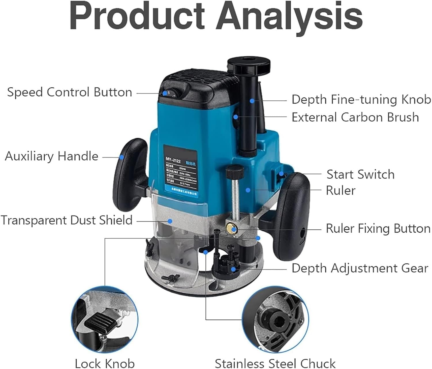 2200W Cordless Compact Router, 6-Speed Adjustment, Depth adjustment gear, Wood Milling Cutter Pruning Machine, with 15 Milling Cutter, Precision Scale, for Wood Working Slotting, Trimming, Carving