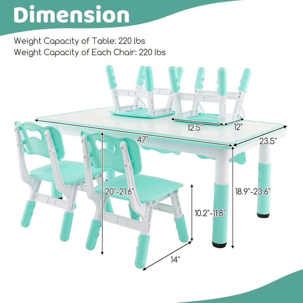 Costzon Kids Table and 4 Chair Set, Height Adjustable Toddler Desk and Chairs with Graffiti Desktop, Non-Slip Legs, Children Art Study Multi-Activity Table Set for Home, Daycare, School (Green)
