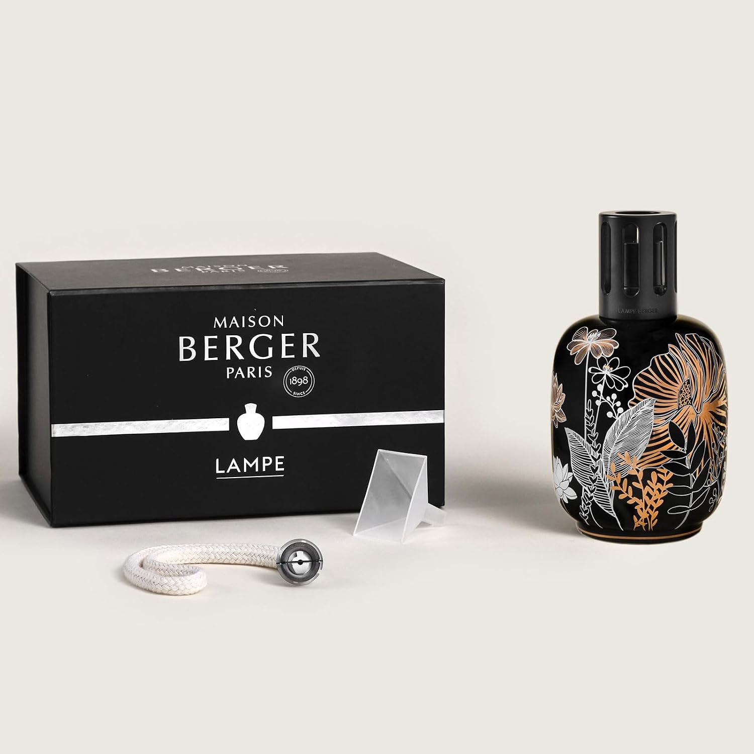 MAISON BERGER Porcelain Fragrance Lamp – Model Black Vegetale - Home Diffuser & Air Purifier 6.3 x 3.6 x 3.6 inches – French-Made Since 1898 – Gift Set w/Cotton Wick, Snuffer, Funnel – No Oil Included