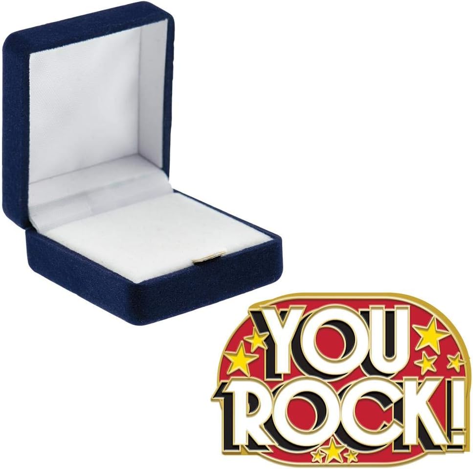 Crown Awards You Rock Enamel Pins, You Rock Enamel Pin with Blue Velvet Presentation Case, Prime