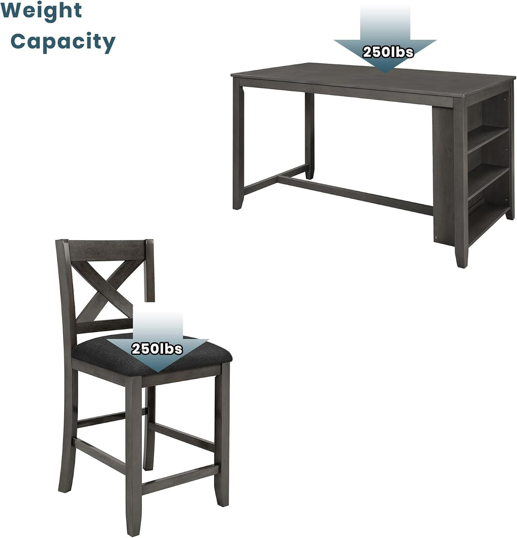 5 Pieces Counter Height Wooden Bar Table Set with 3-Tier Shelf and 4 Chairs, Rustic Farmhouse Dining Table Set for 4, Gray